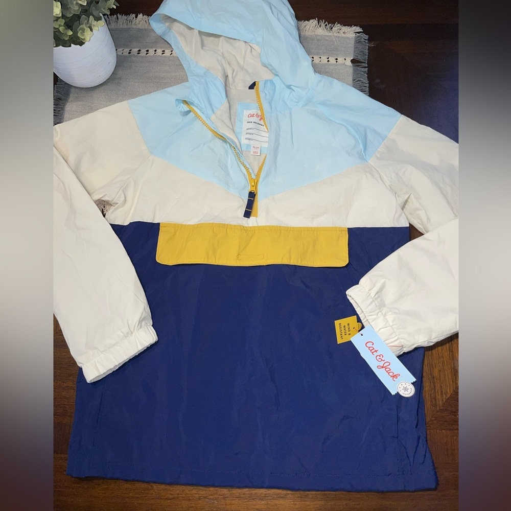 Cat & Jack Kids Windbreaker Jacket XL 14 Colorblock Hooded NWT Blue Yellow
